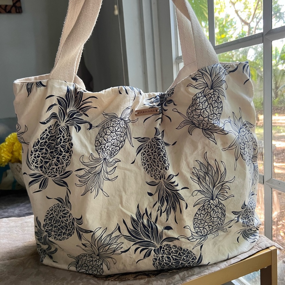 Artisan Handmade Pineapple Print Cream & Blue Beach Tote Bag